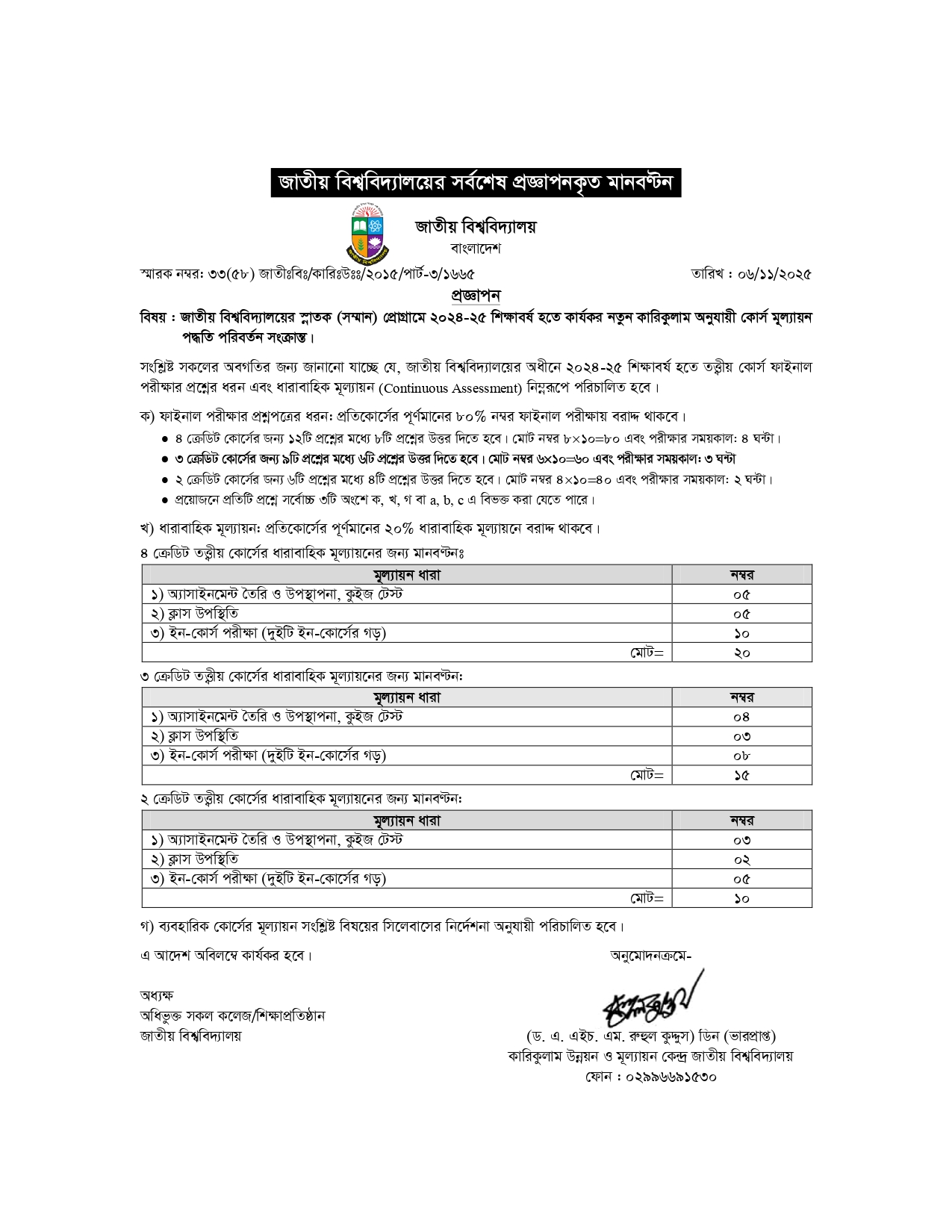 জাতীয় বিশ্ববিদ্যালয় নতুন কারিকুলাম
